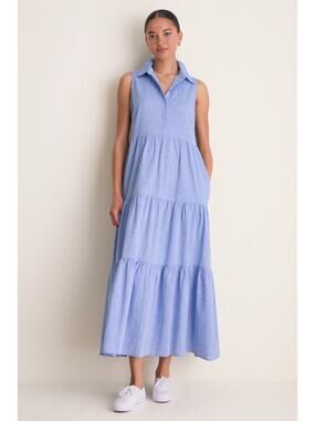 NWT Pomander Place Chambray Sleeveless Mabel Tiered Maxi Dress Blue Small